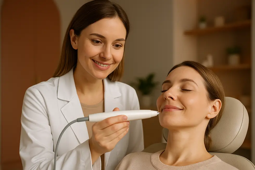 現代的な美容クリニックで、ペン型リーフテラHIFUデバイスを使って女性の顔に施術を行う皮膚科医。