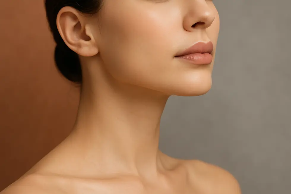 輪郭注射によって引き締まった、美しい女性のフェイスラインのクローズアップ画像。