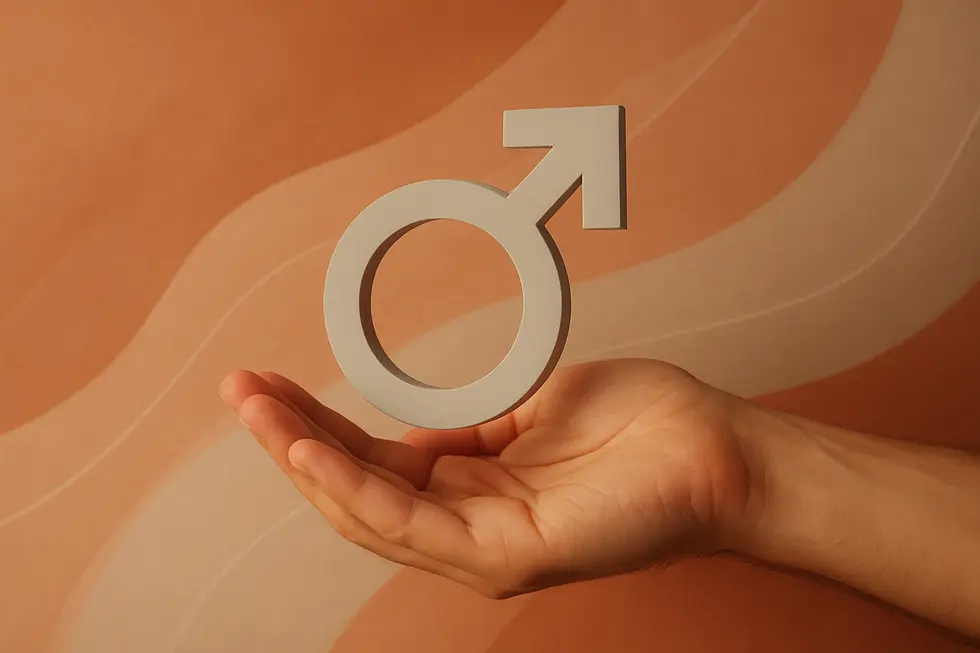 男性の自信、健康、個人的な成長を表す抽象的なイメージ。温かいテラコッタとライトグレーの色合い。