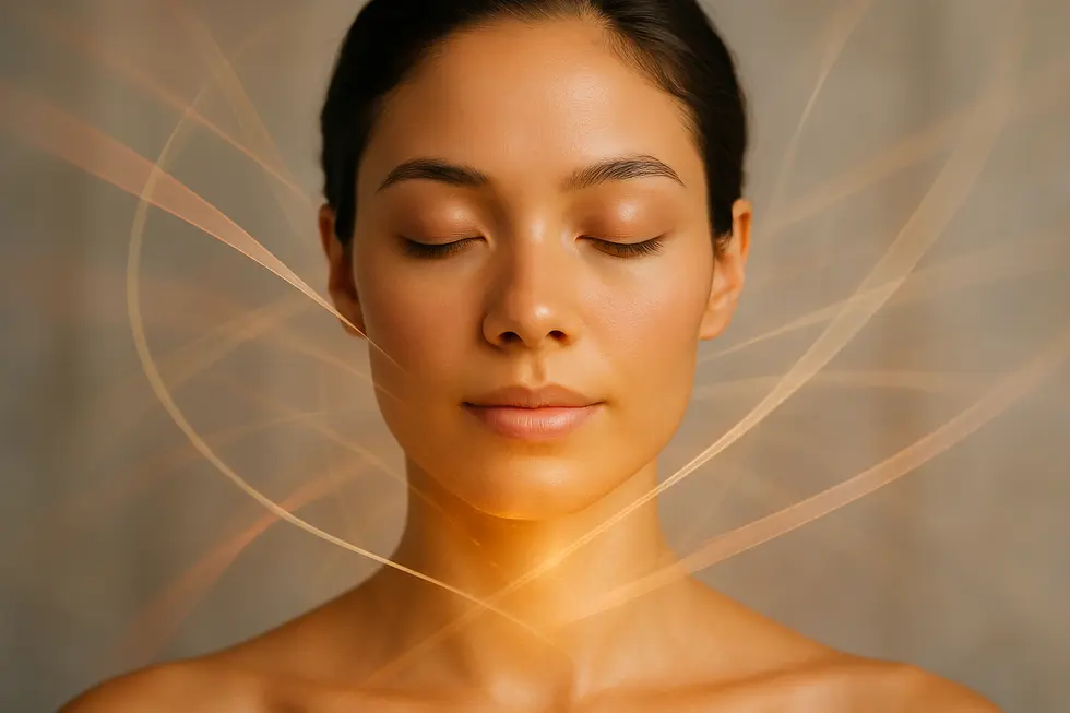 光治療マックスジーを象徴する、輝く肌の顔と、それを囲むように広がる暖色系の光の抽象的な表現。