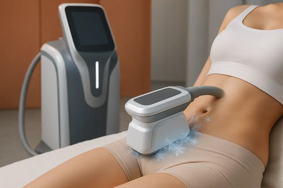 ミクールの冷却アプリケーターが女性の腹部に当てられている様子。冷却効果を示す氷の結晶が描かれており、プロフェッショナルなクリニックの雰囲気。