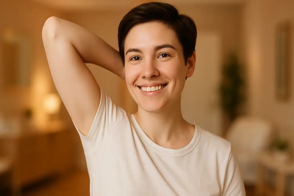 ワキの汗とニオイの悩みから解放され、自信を持って腕を上げている人のイメージ。