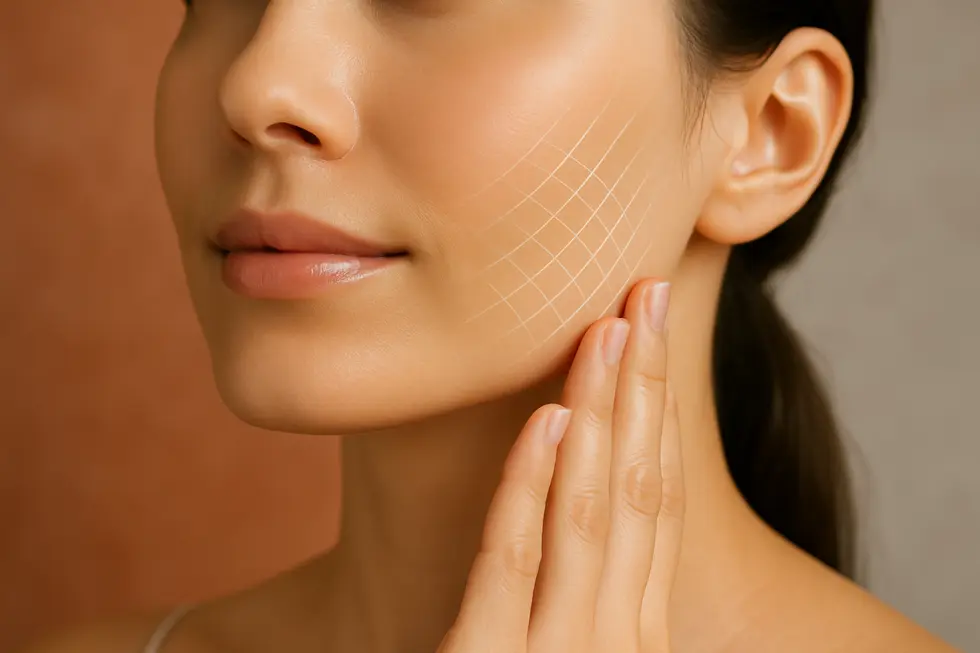 モノ糸リフティング施術後の、ハリと弾力のある肌を持つ女性の顔のクローズアップ。肌の再生と若返りを象徴する光のニュアンス。