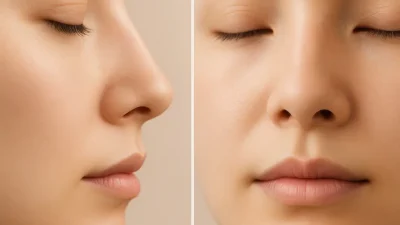 小鼻がすっきりと整えられ、顔全体のバランスが向上した鼻のクローズアップ画像。