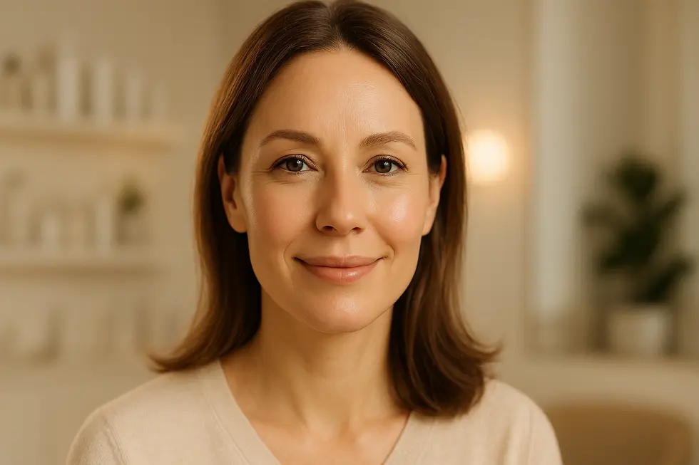 ほうれい線が目立たず、若々しい笑顔の女性の顔。