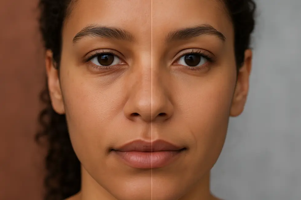 鼻の美容整形前後の変化を暗示する、顔の中心に焦点を当てた画像。