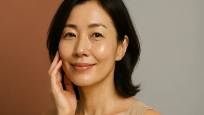 肌が引き締まり、ハリとツヤのある30代後半から40代前半の女性のクローズアップポートレート。