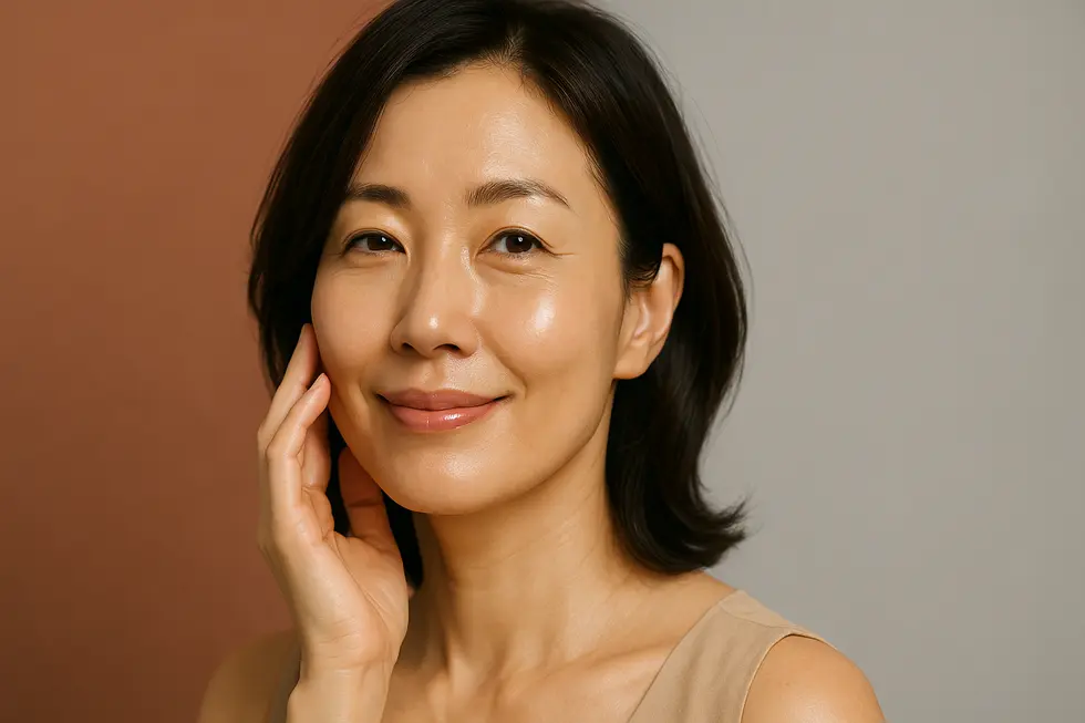 肌が引き締まり、ハリとツヤのある30代後半から40代前半の女性のクローズアップポートレート。