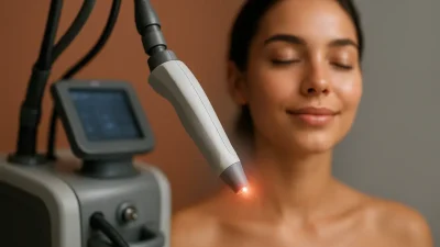 ピコフラクセルレーザー機器のハンドピースが、光を放ちながら人間の肌に向かっている様子。美肌治療の象徴。