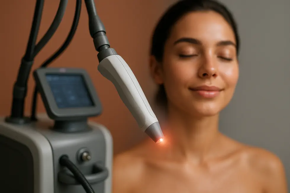 ピコフラクセルレーザー機器のハンドピースが、光を放ちながら人間の肌に向かっている様子。美肌治療の象徴。