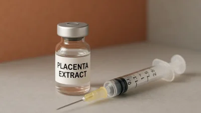 ヒト胎盤エキスのアンプルと注射器のクローズアップ写真。背景は温かいテラコッタとライトグレーの色調で、清潔感とプロフェッショナルな雰囲気。