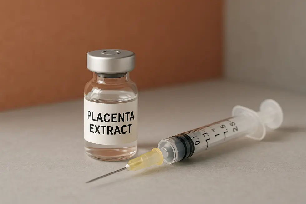 ヒト胎盤エキスのアンプルと注射器のクローズアップ写真。背景は温かいテラコッタとライトグレーの色調で、清潔感とプロフェッショナルな雰囲気。