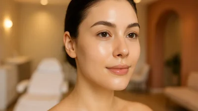 ポテンザ施術によって肌が美しく若返り、ツヤと透明感が増した女性の顔のクローズアップ。