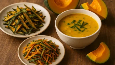 かぼちゃの皮で作られた色とりどりの料理が並べられた、食欲をそそるテーブルの様子。