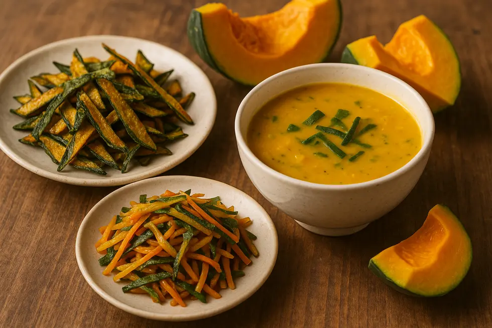 かぼちゃの皮で作られた色とりどりの料理が並べられた、食欲をそそるテーブルの様子。