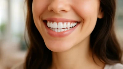 美しく整った白い歯を持つ、健康的で輝く笑顔のクローズアップ。