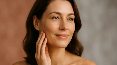 リフィット施術により引き締まり、ハリのある若々しい肌を持つ女性のポートレート。笑顔で自身のフェイスラインに触れている。