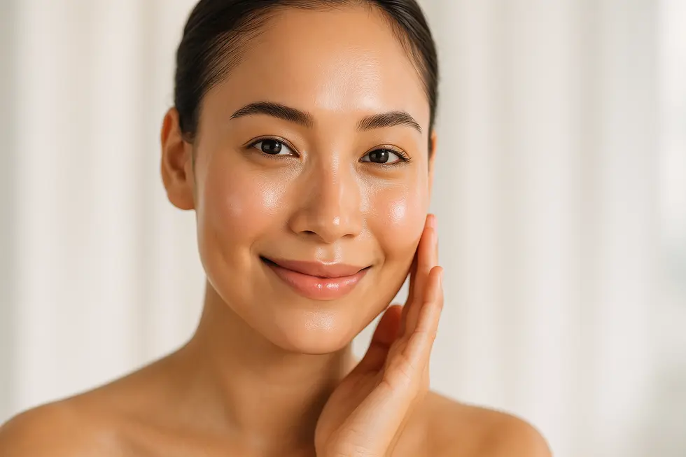 ハリとツヤのある健康的な肌を持つ、笑顔の女性の顔のクローズアップ。