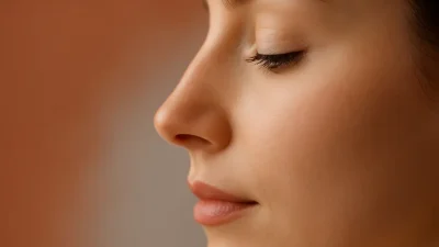 A human nose after rhinoplasty, appearing refined and natural, set against a warm and light gray background, symbolizing the aesthetic and detailed nature of the procedure.
