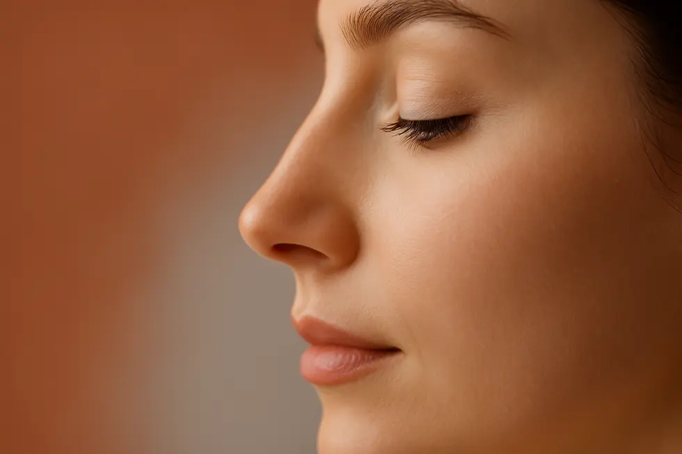 A human nose after rhinoplasty, appearing refined and natural, set against a warm and light gray background, symbolizing the aesthetic and detailed nature of the procedure.