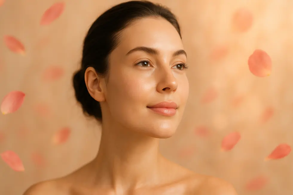 ローズピール施術後の、透明感とハリのある健康的で美しい肌を持つ女性のポートレート。