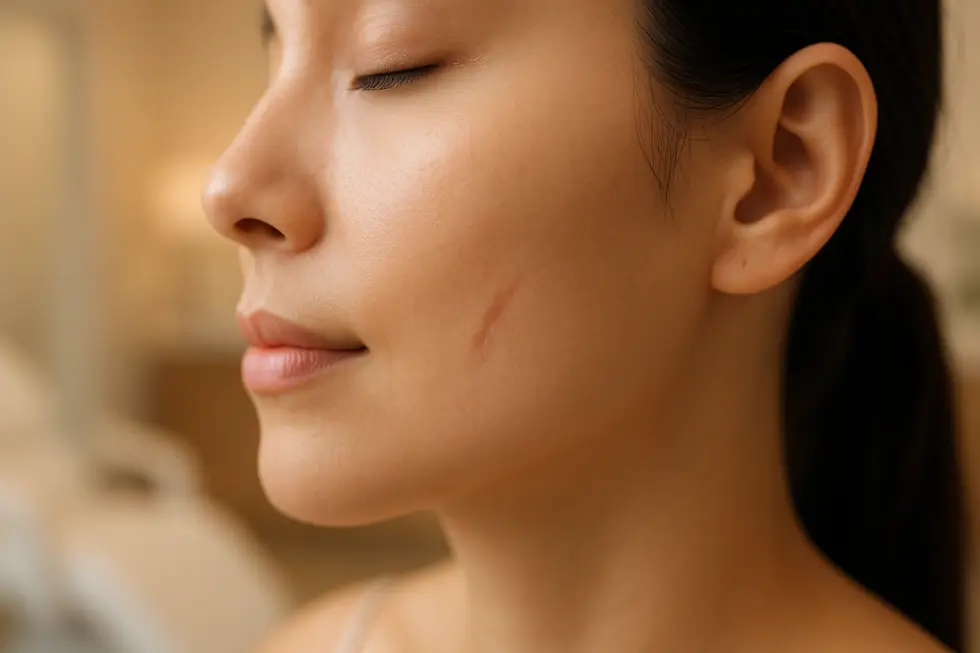 レーザー治療によって改善されたニキビ跡のある頬のクローズアップ。