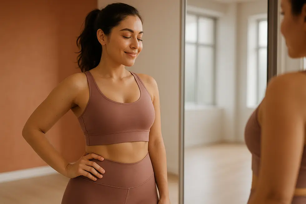 鏡の前で自信に満ちた笑顔を見せる女性。サイザーによるボディラインの変化を象徴している。