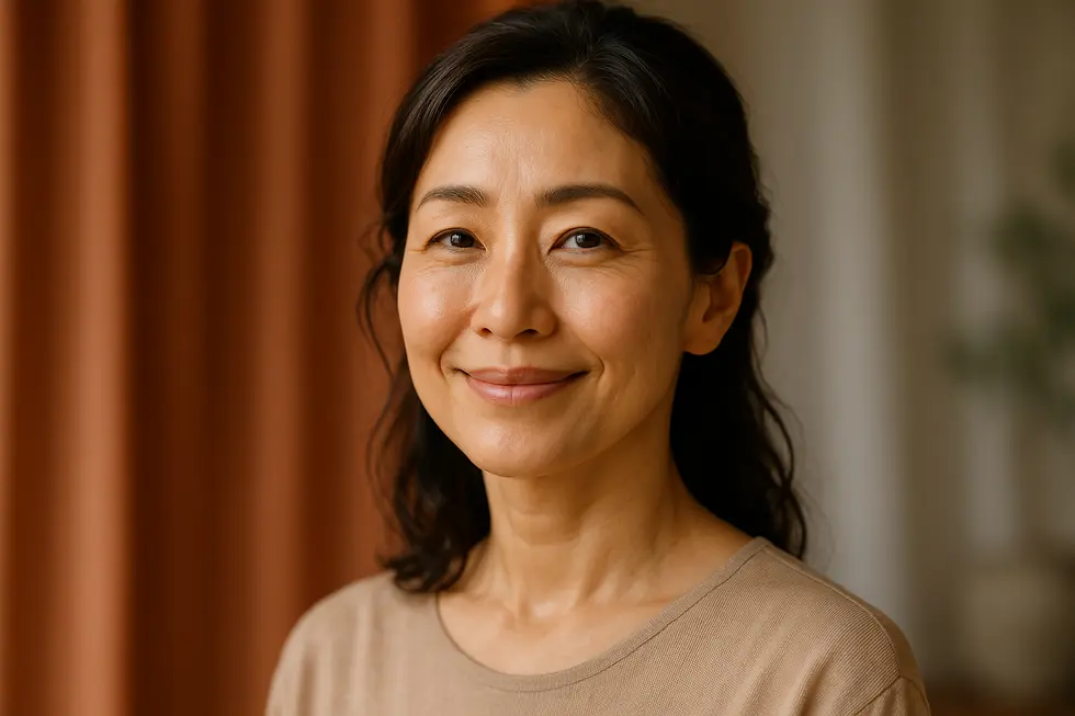 自然な若返り効果を実感し、自信に満ちた笑顔の女性の顔。