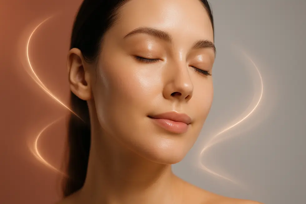 シークレットレーザー施術後のような、毛穴が目立たずハリのある、滑らかで健康的な肌の女性の顔。