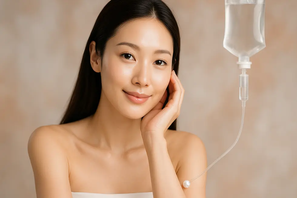 白玉注射のイメージ。透明感のある肌の女性が、穏やかな表情で写っている。