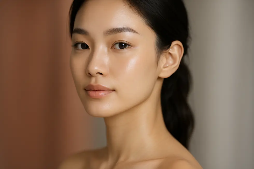 シャープなVラインとハリのある肌が印象的な、自信に満ちた女性の顔のクローズアップ。