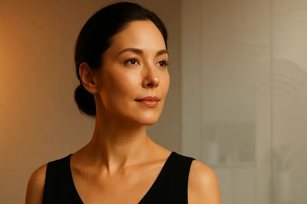 若々しいハリのある顔立ちの女性の顔のクローズアップ。肌は健康的に輝き、美肌治療の効果を示唆している。