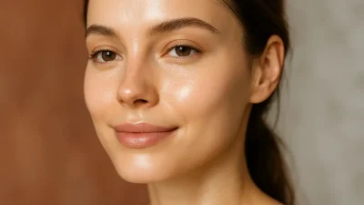 潤いとハリのある、健康的で輝く女性の顔のクローズアップ。