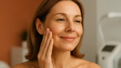 サーモセル施術後のような、引き締まってツヤのある肌に満足そうな笑顔の女性のクローズアップ。