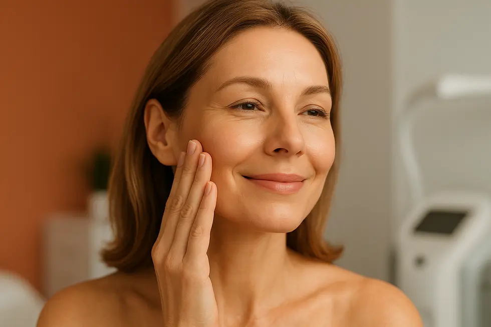 サーモセル施術後のような、引き締まってツヤのある肌に満足そうな笑顔の女性のクローズアップ。