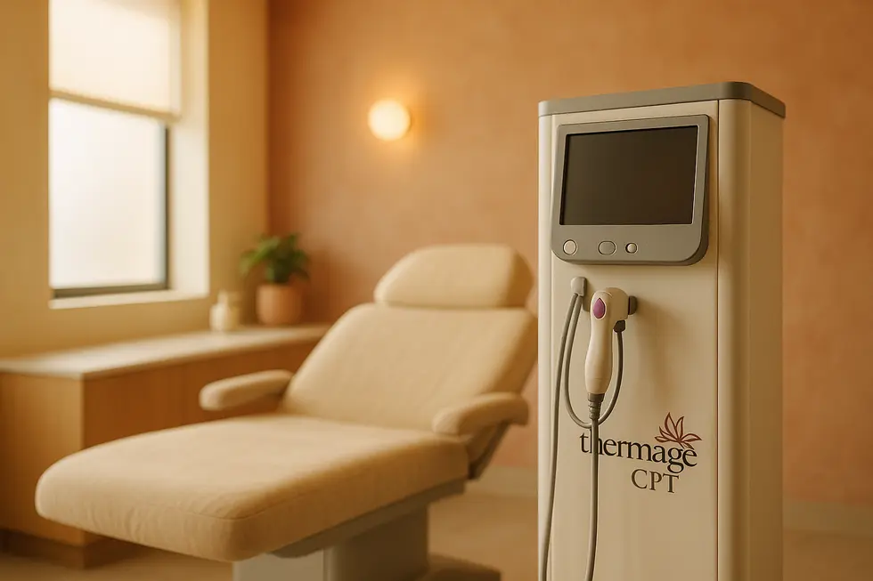 モダンな美容クリニックの受付に置かれた、洗練されたサーメージCPT機器。