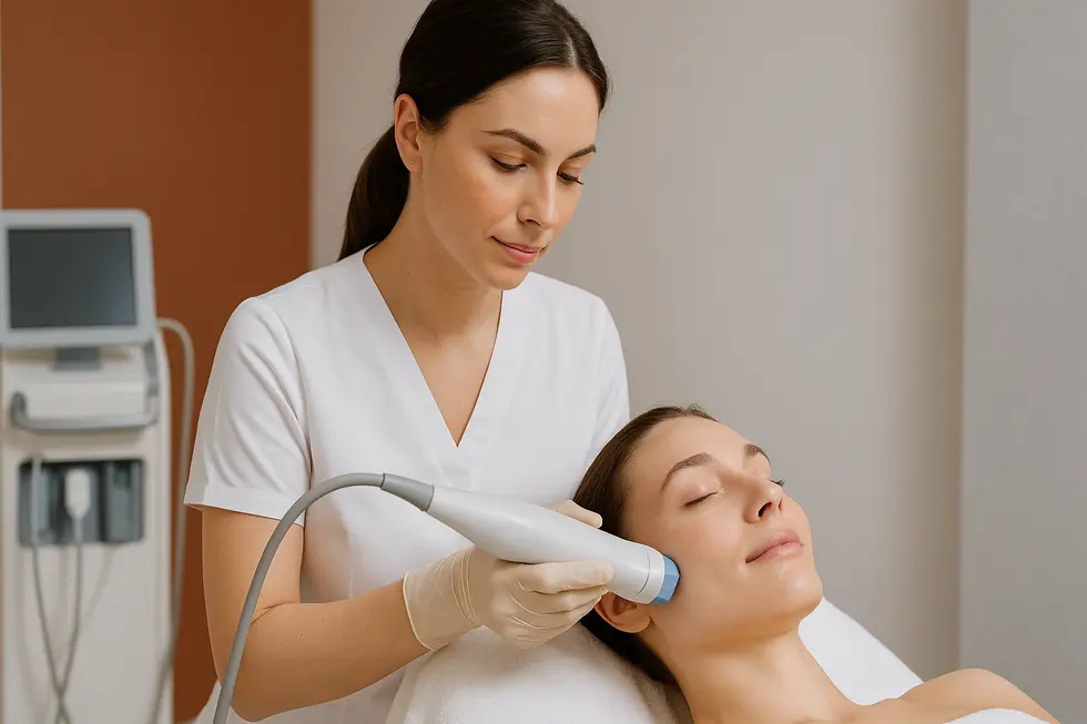 サーマージ施術中のイメージ。専門家が患者の顔にデバイスを適用している。