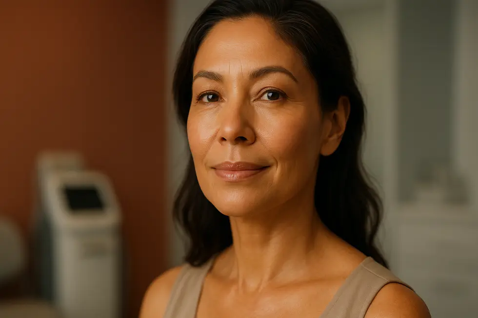 タイトニングレーザー施術後に肌が引き締まり、若々しくなった女性の顔のクローズアップ