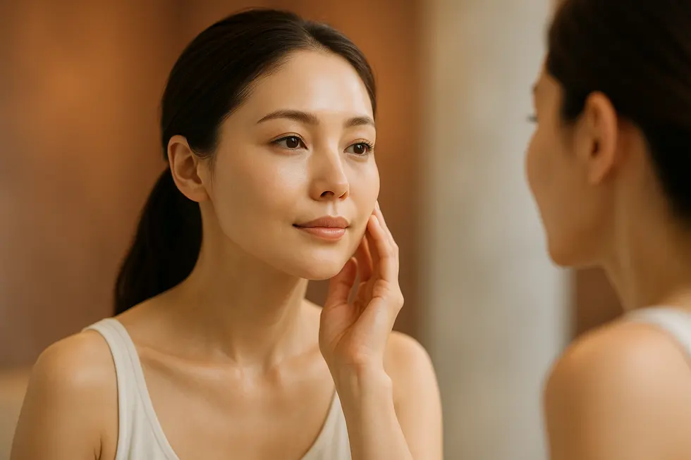 トリニティ治療後の、シミやくすみがなく、ハリとキメが整った透明感あふれる女性の肌のクローズアップ。