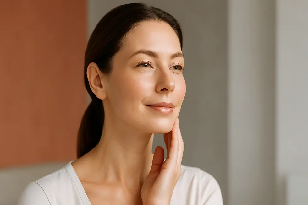 ウルフィット施術によって引き締まり、ハリのある肌を手に入れた30代後半から40代前半の女性が、優しく顎のラインに触れている写真。洗練されたクリニックのような背景。