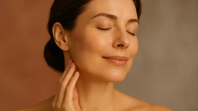 ウルトラコール施術後の、引き締まった肌を持つ女性の顔。リフトアップ効果により、自信と輝きに満ちた表情をしている。