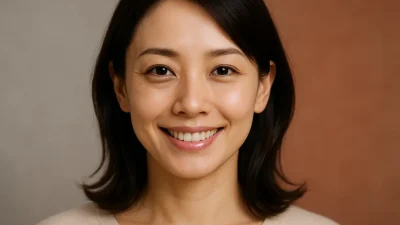 目の下の脂肪除去により、すっきりとした目元を手に入れた女性のポートレート。