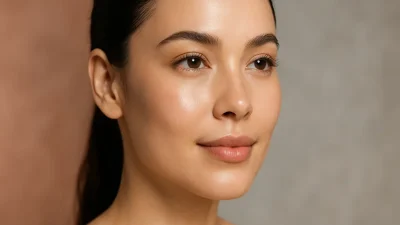 毛穴が目立たず、キメが整った透明感のある女性の肌のクローズアップ画像。ビビブレーザーによる肌再生の効果を示す。