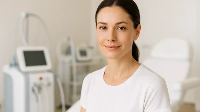 ボルニューマー施術後のような、引き締まった肌を持つ笑顔の女性。美容クリニックのモダンな環境を背景に。