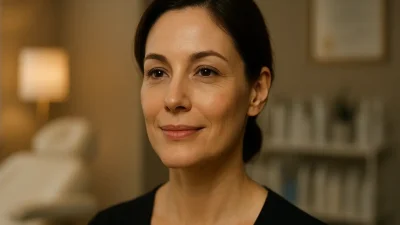 ハリのある滑らかな肌を持つ、自信に満ちた表情の30代後半から40代前半の女性のクローズアップ画像。