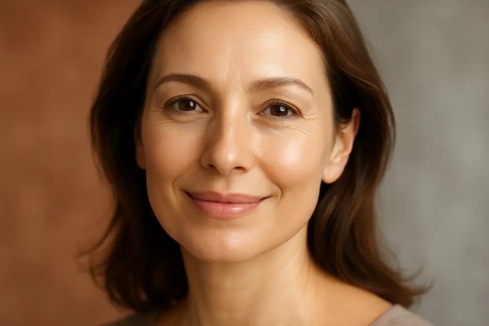 しわが目立たなくなり、輝くような肌を持つ30代後半から40代前半の女性が優しく微笑んでいる。