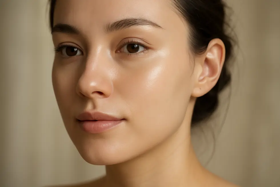 クリアで均一なトーンの健康的な肌のクローズアップ画像。