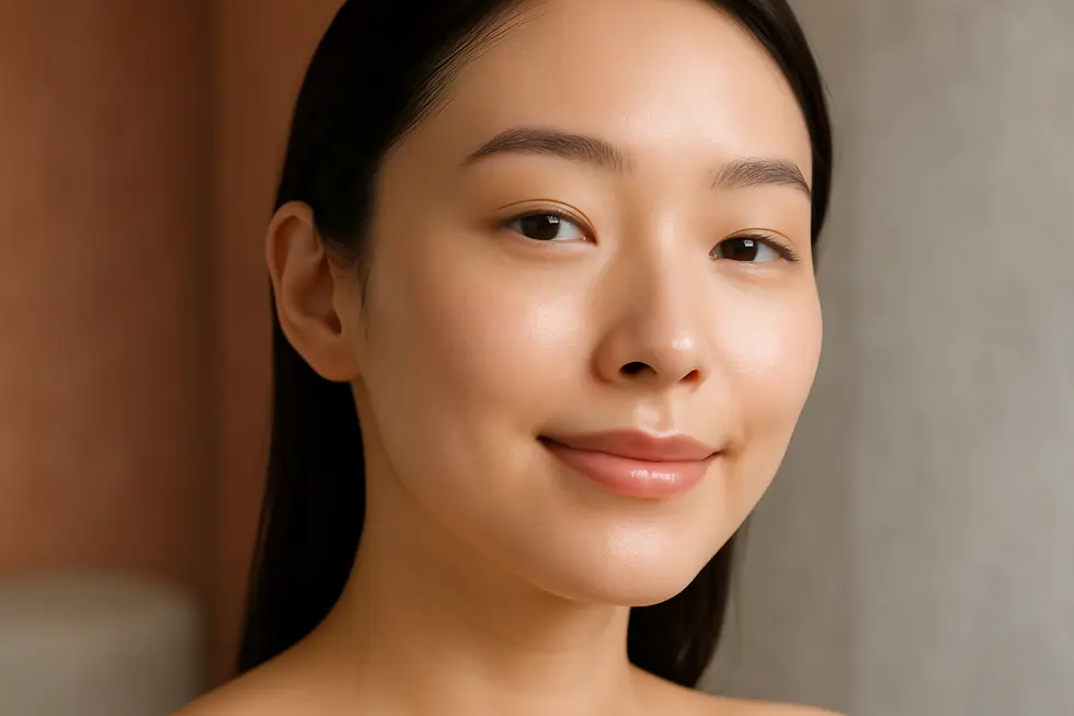 アキュアレーザーでニキビ治療を受けた後の、透明感のある美しい肌のクローズアップ。肌は滑らかで健康的。