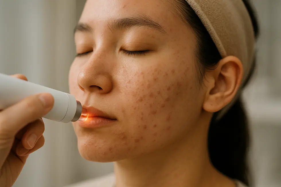 ニキビレーザー治療を受ける人の顔のクローズアップ。肌は癒えつつあり、レーザーの微かな光が肌を改善している様子。