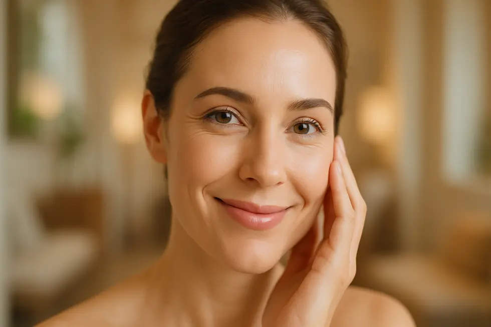 若々しくハリのある目元で優しく微笑む女性の顔のクローズアップ画像。